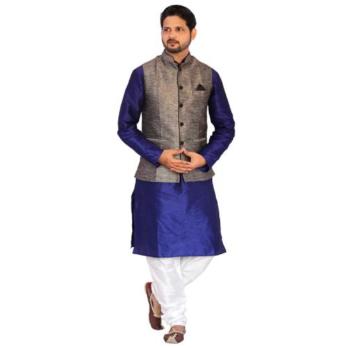 Om Shubh Mangalam Men's Silk Blend Royal Blue Kurta White Pajama With Gray Jacket