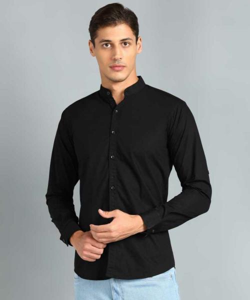 U TURN Men Black Solid Mandarin Collar Cotton Casual Shirt
