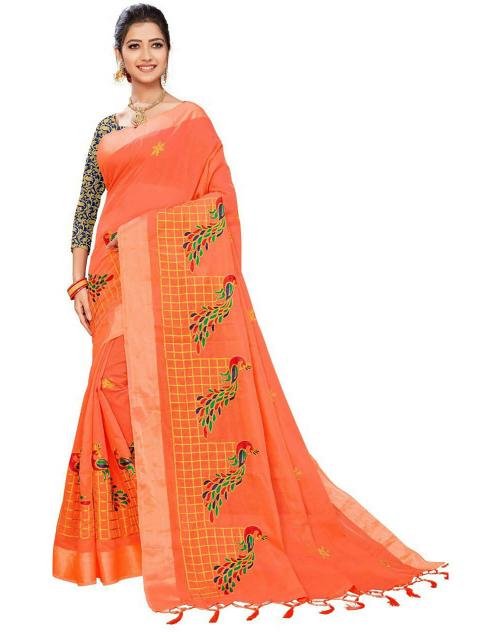 Shivansh Creation Women Orange Animal Print Cotton Blend Saree