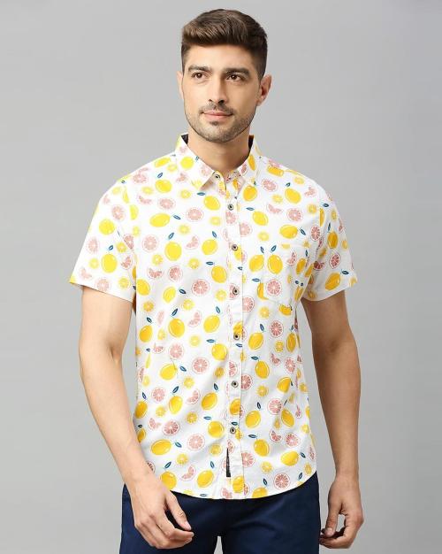 Thomas Scott Men Yellow Printed Cotton Slim Fit Shirt With Patch Pocket (Xxl)