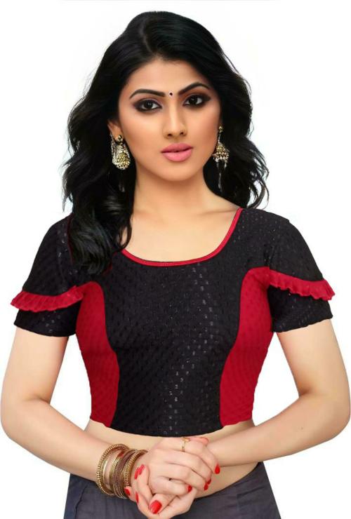 PU Fashion Women Black Self Design Cotton Lycra Blend Blouse