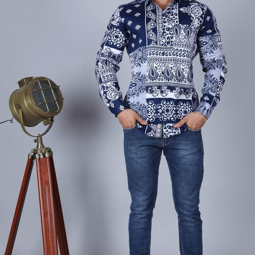 Blezza Men Dark Blue Printed Pure Cotton Casual Shirt