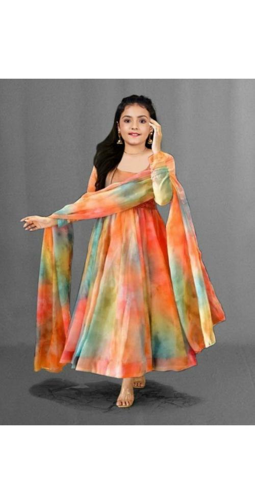 KedarFab Girls Georgette Digital Print Gown With Dupatta
