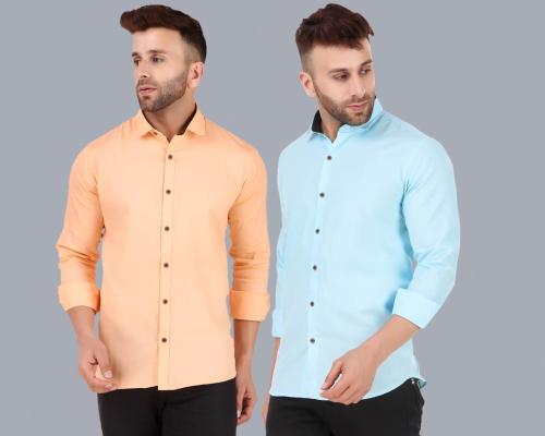 Allan Peter Men Peach and Light Blue Solid Pure Cotton Casual Shirt- Pack of 2