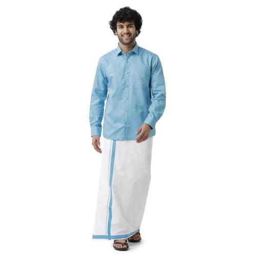 UATHAYAM Varna Light Blue Cotton Full Sleeve Solid Slim Fit Shirt and Fixit Welcro Pocket Dhoti For Men