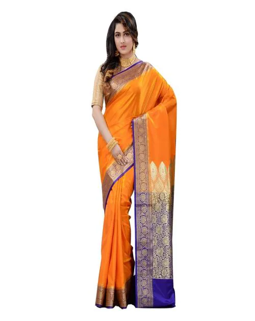 Naeusa Contrast Designer Banarasi Satin Silk Saree (Orange) Colour with Blouse for Womens