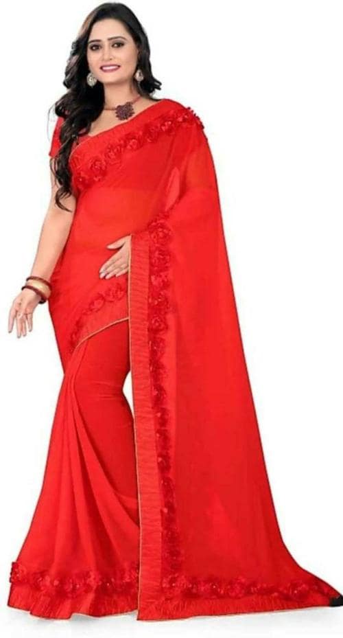 Megh Sarees Woman Red Solid Fashion Net Saree