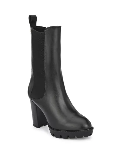 Delize Black women vegan leather, calf length, high heel chelsea boots