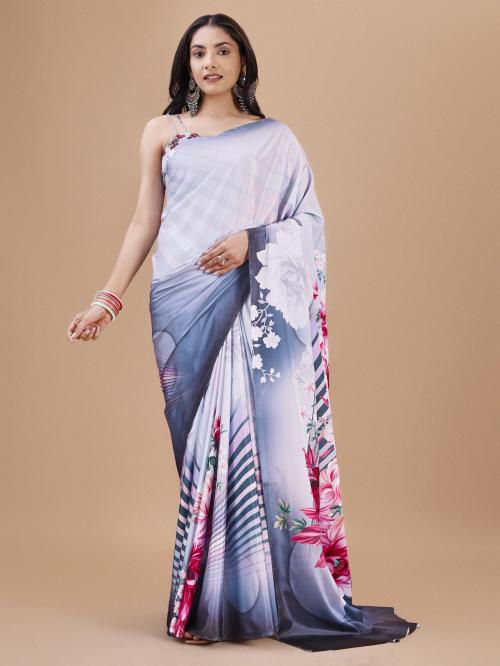JS Clothing Mart Grey Ombre Ethnic Digital Print Silk Aliya Bhatt Rocky Aur Rani ki Prem Kahani Saree
