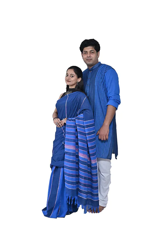 Knowza Cotton Blue Kurta & Saree Couple set