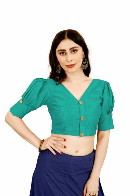 Hariguru Fashion Women's Casual Cotton Readymade Designer Blouse, V-Neck & Puffed Sleeve (Light Blue-34)