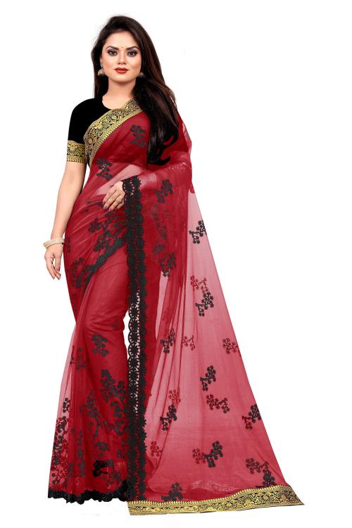 Anjaneya Sarees Red-Black Designer Net Embroidery Saree