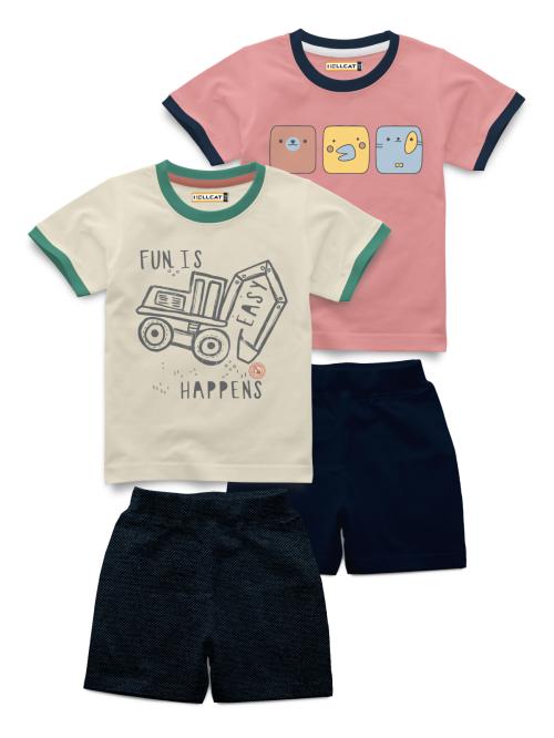 HELLCAT Pack of 4 (2 Tshirt & 2 Shorts) Beige & Pink Half Sleeve With Rib Printed Tshirt with Comfy Denim Blue & Navy Blue Solid Shorts for Infants & Girls.