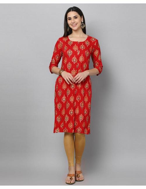 English LadyWomen Highlighted Foil Print Front Open Placket Kurti Red Colour XL Size | Red Colour | XL Size | Slim Fit Kurtas | Knee Length | Straight Kurta | Rayon Fabric | Printed Kurtas