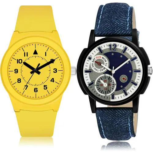 NEUTRON Latest Exclusive Kids And Sports Yellow And Blue Colour Analog Plastic And Genuine Leather Belt 2 Watch Combo For Boys And Men - BM122-B662