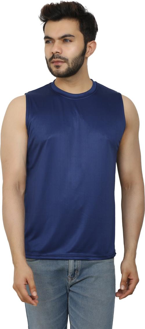 PRIME PLUS Navy Blue Solid Round Neck Sando Vest - M