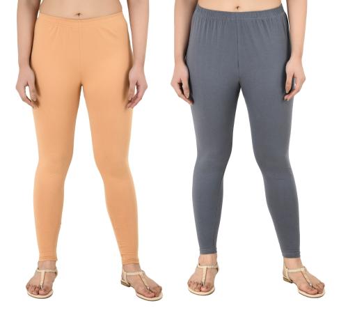 PREEGO Women Beige & Dark Grey Ankle Length Solid Leggings Pack Of 2