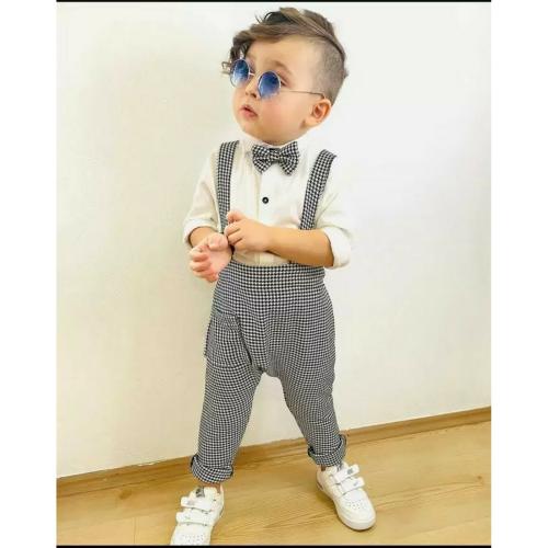 DEL LUNA Baby Boys Party(Festive) Dungaree Shirt, Bow Tie (White)