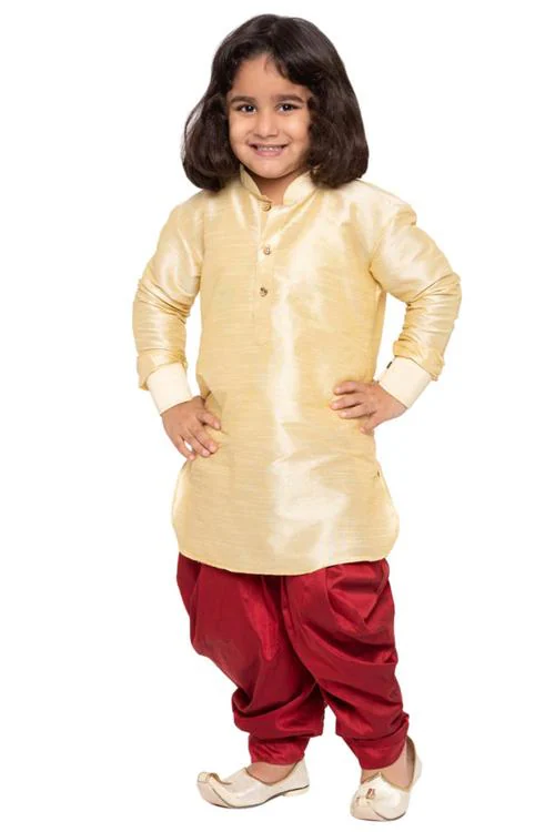 Vastramay Boys' Gold and Maroon Silk Blend Kurta and Dhoti Set
