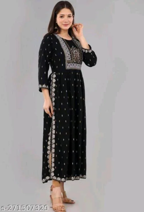 ADTFS Nayra Cut Kurti for Women and Girl's Rayon Printed Single Fesival Nayra Cut Black Kurti | Attractive Trending Design Side Cut Summer Special Kurti