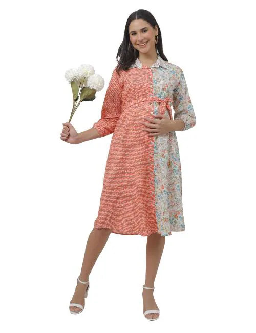 Shipoo 4U Women Orange Printed Cotton Maternity Feeding Dress With Front Button Opened And 2 Side Pockets (L)