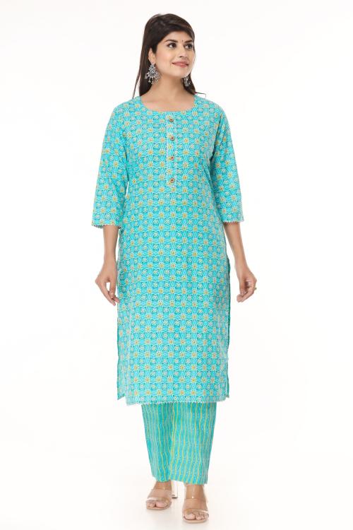 VIHAAN IMPEX Women Cotton Sky Blue Printed Straight Kurta with Pant