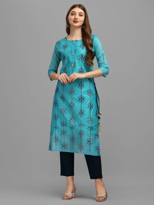 OXIT CLASS Women Sky Blue Embroidered Chanderi Straight Kurta (M)