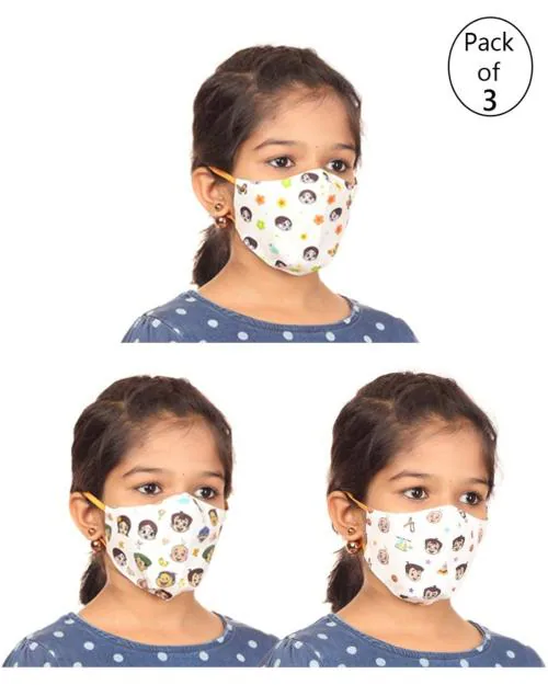Vibe Girls White Printed Pack of 3 Mask