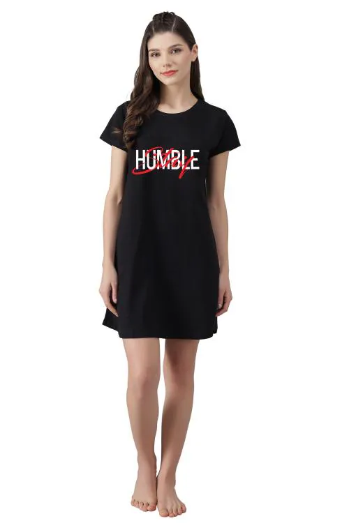 FflirtyGo Women's Black Color Humble Printed Cotton Short Nighty