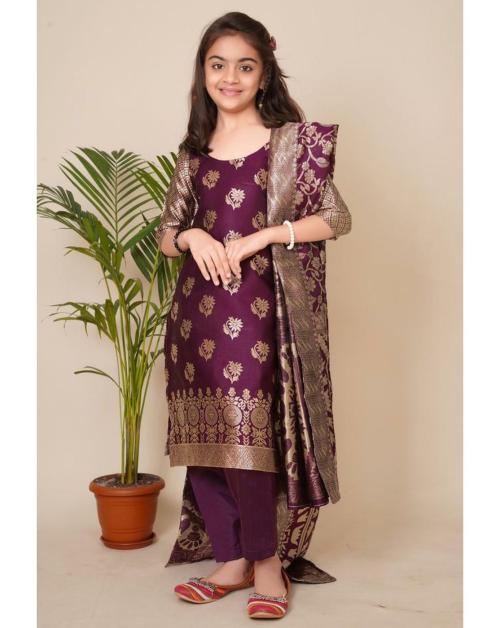 KedarFab Girls Woven Design Jacquard Kurta Bottom Set With Dupatta Set