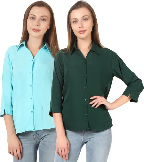 HUNOOR Womens Light Green Solid Polyester Pack of 2 Formal Shirt l women shirt l casual shirt for women