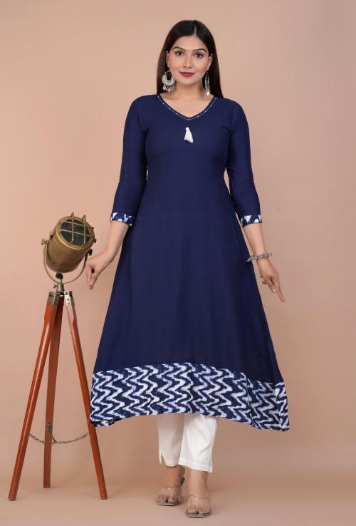 Indiwest Blue Solid Flared A-Line Rayon Kurta