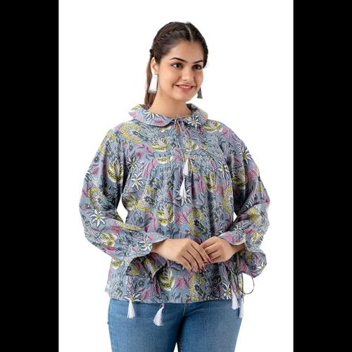 DMP FASHION Women's Cotton Floral Printed Classic Small Boota Collarad Fashion Sleeve Top