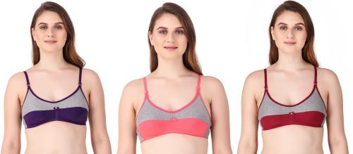 Inner Happiness Purple, Pink and Maroon Cotton Blend Pack of 3 Women T-Shirt Non Padded and Non Wired Full Cup Bras