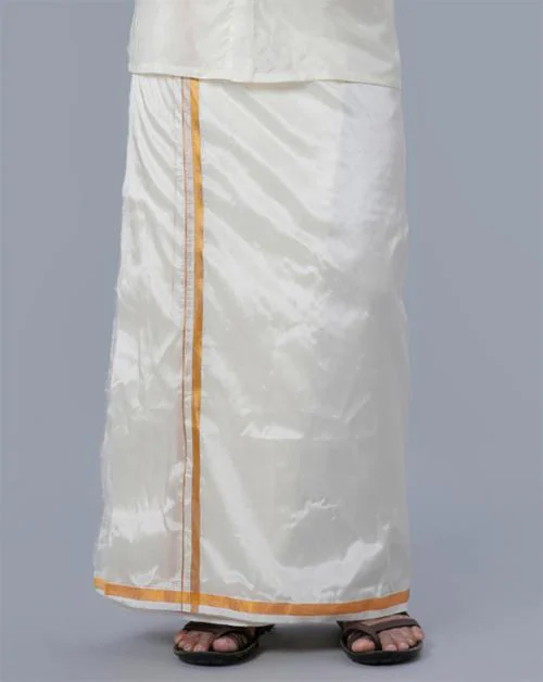 Ramraj Cotton Men's Soft Silk Solid Cream with Golden Jari Border Dhoti (80K)