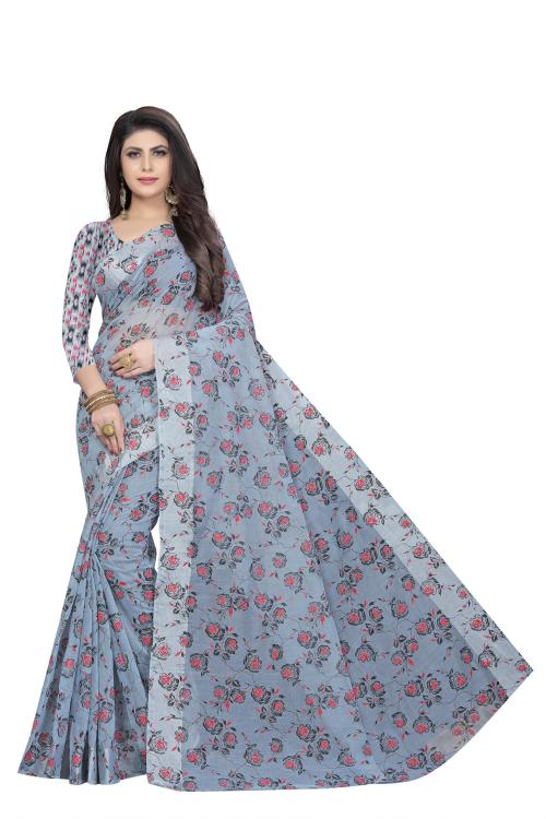 Rujave Women Grey Embellished, Floral Print Cotton Silk Daily Wear Saree