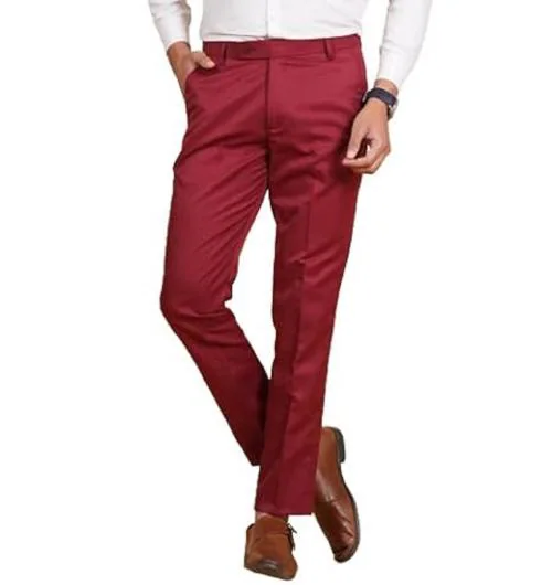 QVERR Men's Slim Fit Maroon Polycotton Expandable Waist Formal Trouser Pant for Office Party and Casual Wear