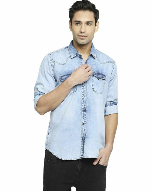 MIROCK Men Sky Blue Washed Denim Shirt - L