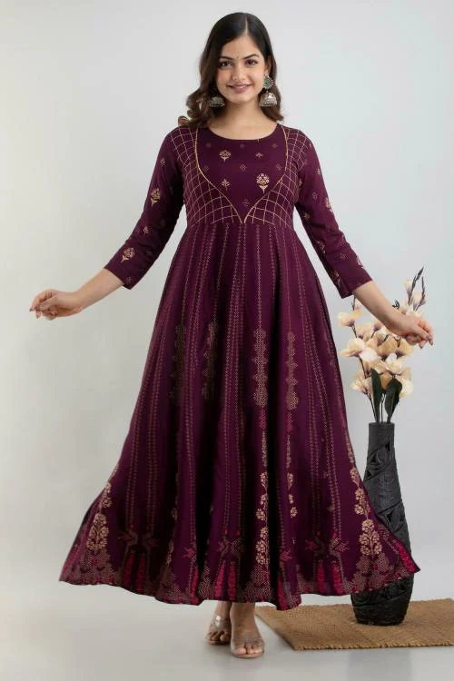 ftDiva Women Purple Paisley Rayon Single Anarkali Gown