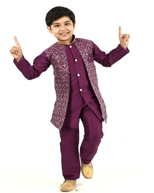 NEW GEN BOYS PURPLE ART SILK PACK OF 1 KURTA & PAIJAMA