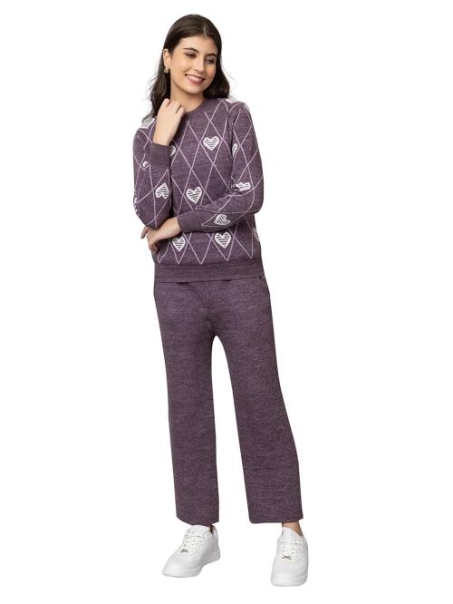 Kvetoo Woolen Crop Sweater with Lower Winter Wear Co-ord Set for Women Purple Size 2XL