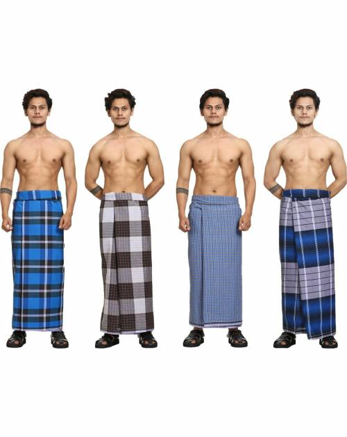 GOWRI TEX Men Multicolor Checkered Pure Cotton Stitched Lungi - Free Size (Pack of 4)