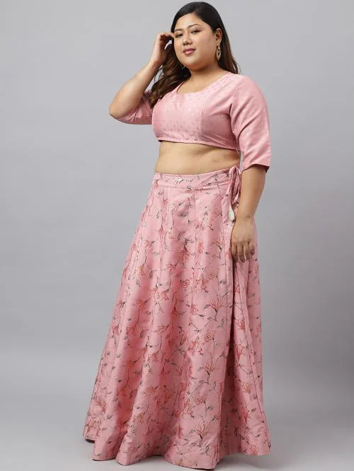 Janasya Women's Pink Poly Silk Gold Print Lehenga Choli With Dupatta