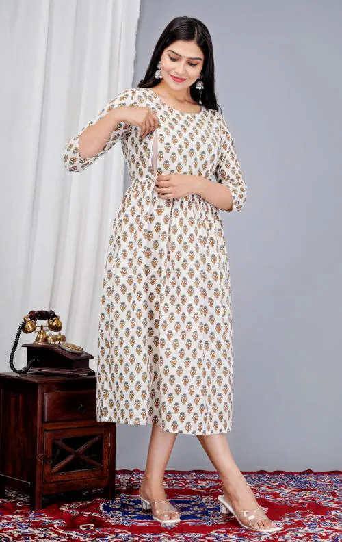 Floral Cotton White Maternity Kurtas Gown