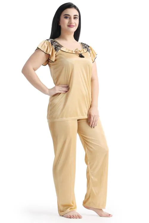 Come 4 Try Women's Satin Plain/Solid Gold Night suit Top & Pajama Set Nighties (Free size)