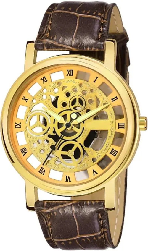 Noman Analog Gold Dial Brown Strap Watch For Boys And Men