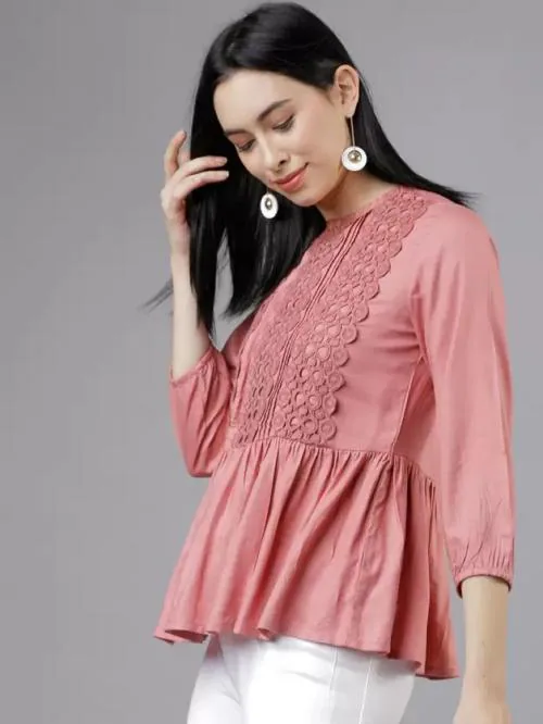 ALHADAYA Casual Regular Sleeves Embroidered Women Beige Top