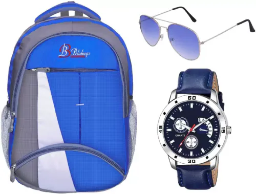 Blubags 36L College Bag School Bag Laptop Bag + Analogue Watch + Aviator Sunglass Combo (Blue)