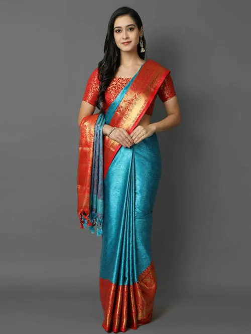 Yourwish Women Light Blue Embellished Cotton Silk Dharmavaram Saree