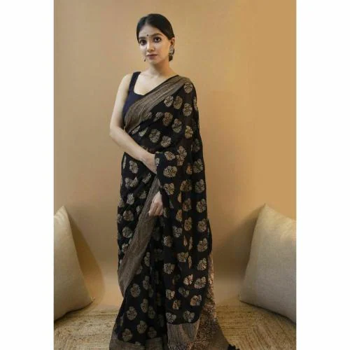 SHWENILA Soft Lichi Silk Saree, Beautiful Jacquard Rich Pallu Saree Black